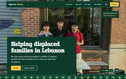 The Lights for Lebanon website: three students at a bake sale table under the headline Helping displaced families in Lebanon