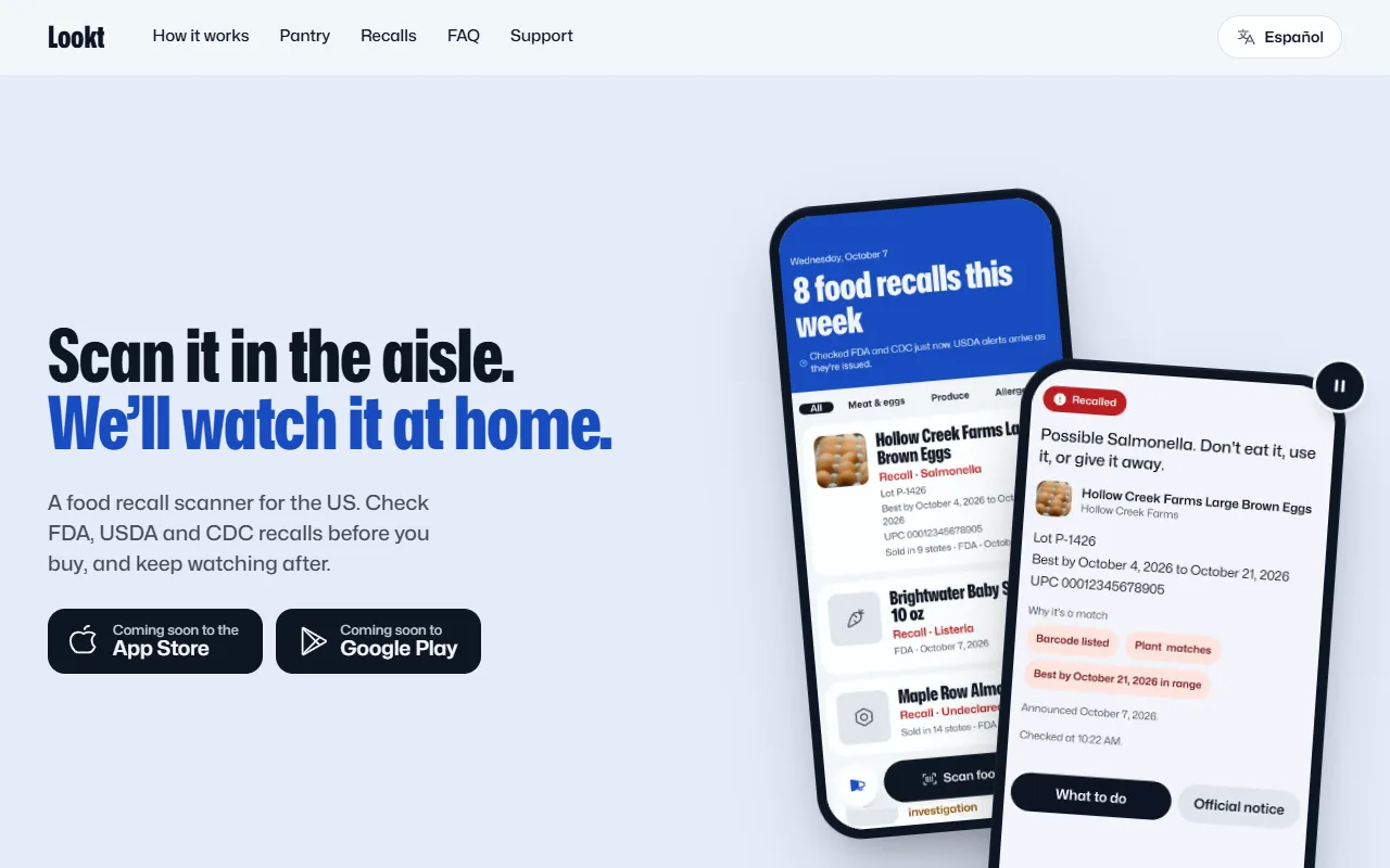 The Lookt website: a phone showing this week's food recalls and a recalled product's detail