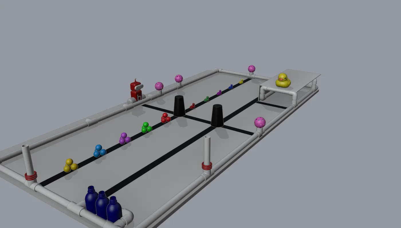 Rendered model of the Botball 2026 Fall Game table with ducks, poms, cups and the platform