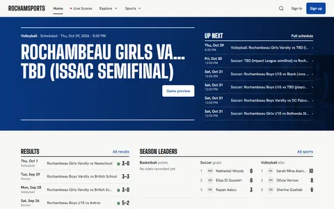 The Rochamsports home page with the next volleyball game, upcoming schedule, results and season leaders