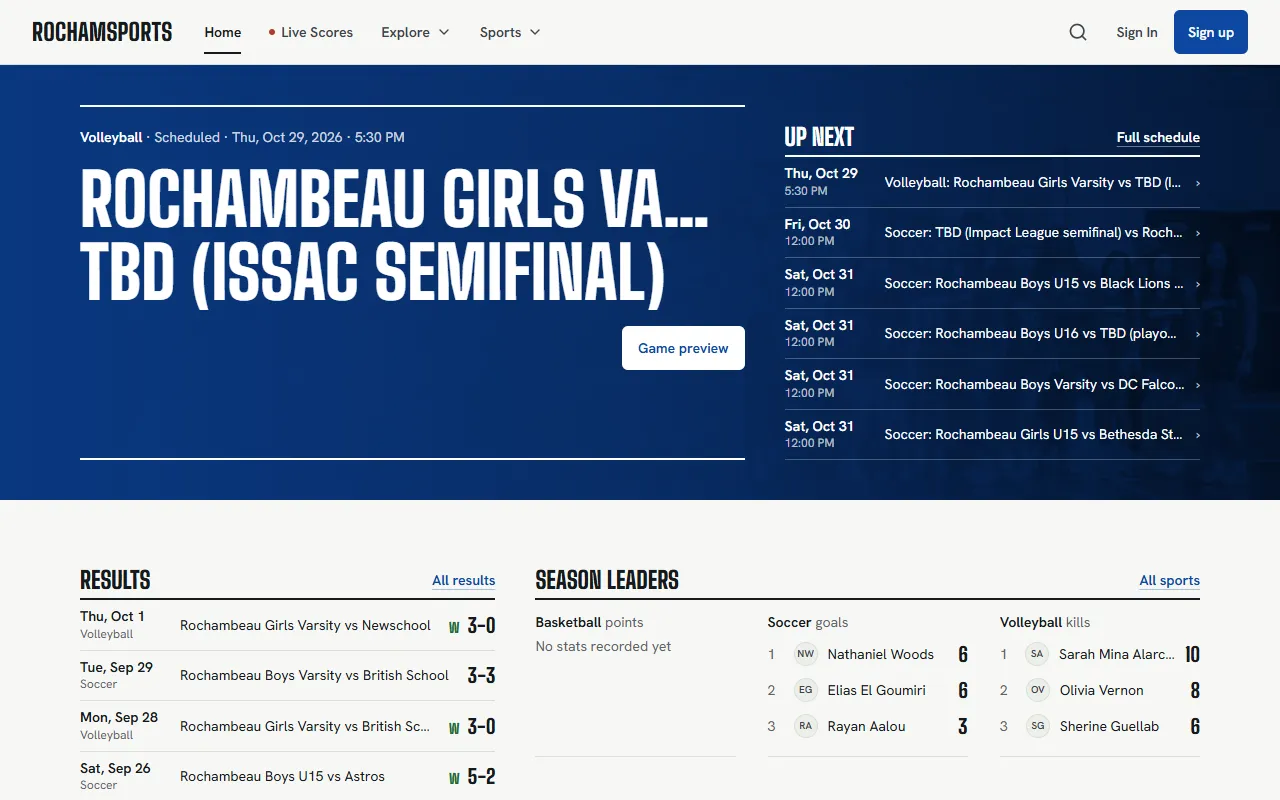 The Rochamsports home page with the next volleyball game, upcoming schedule, results and season leaders